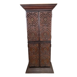 Mid-Century Carved Wood Bar Cabinet With Smoky Glass Interior For Sale