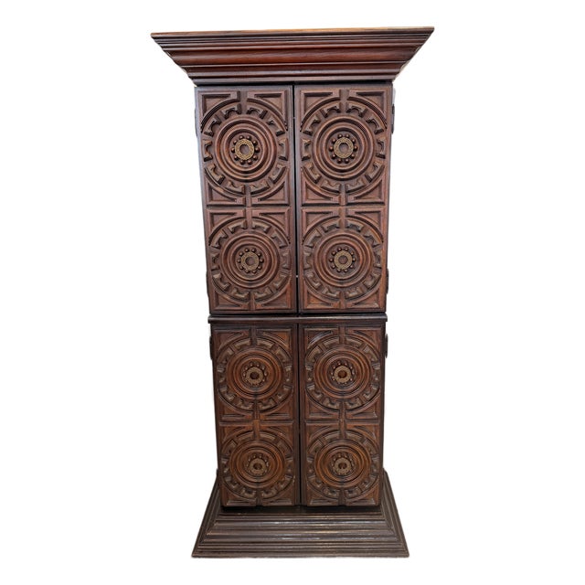 Mid-Century Carved Wood Bar Cabinet With Smoky Glass Interior For Sale