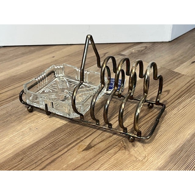 English Vintage Silver Plate Toast Rack With Glass Butter Dish For Sale - Image 3 of 7