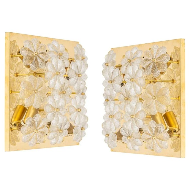 Petite mid-century flush mount light or wall sconce with 13 murano glass flowers over a polished brass base, made by ernst...