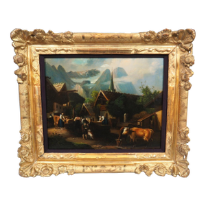 Antique Oil on Copper Painting of an Alpine Village Scene