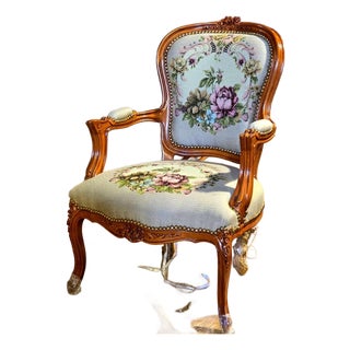 French Louis XV Armchair With Cream Floral Tapestry Upholstery & Hand-Carved Solid Wood Frame For Sale