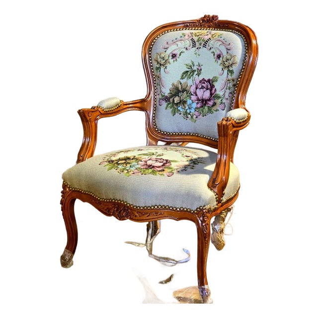 French Louis XV Armchair With Cream Floral Tapestry Upholstery & Hand-Carved Solid Wood Frame For Sale