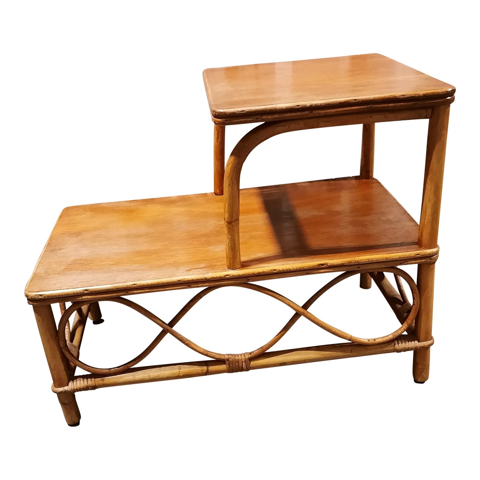 Mid 20th CenturyBamboo/ Rattan Boho Chic Side Step Table | Chairish