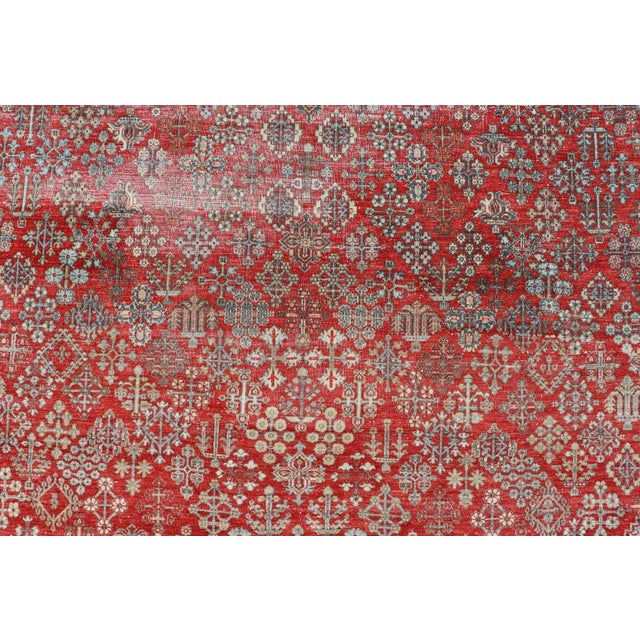 Antique Persian Joshegan Rug With Geometric Medallion Design in Red and Lt. Blue 9'6 X 12'3 For Sale - Image 9 of 15