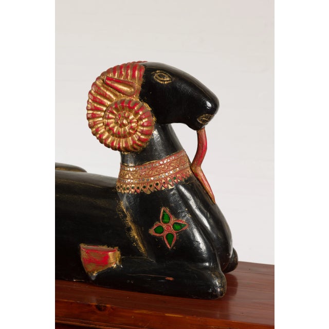 Vintage Northern Thai Double Ram Painted Sculpture with Gilt and Jewelry Motifs For Sale In New York - Image 6 of 13