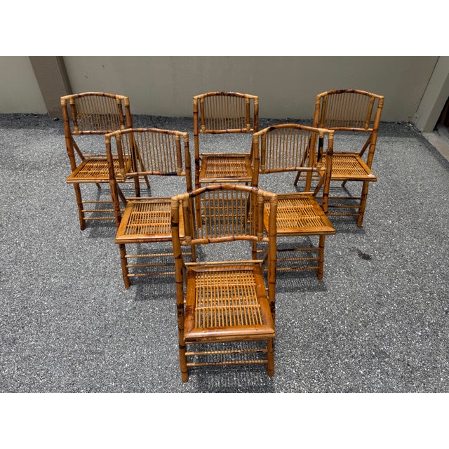 Campaign 1970s Set of 8 Campaign Bamboo Tortoiseshell Folding Chairs For Sale - Image 3 of 12