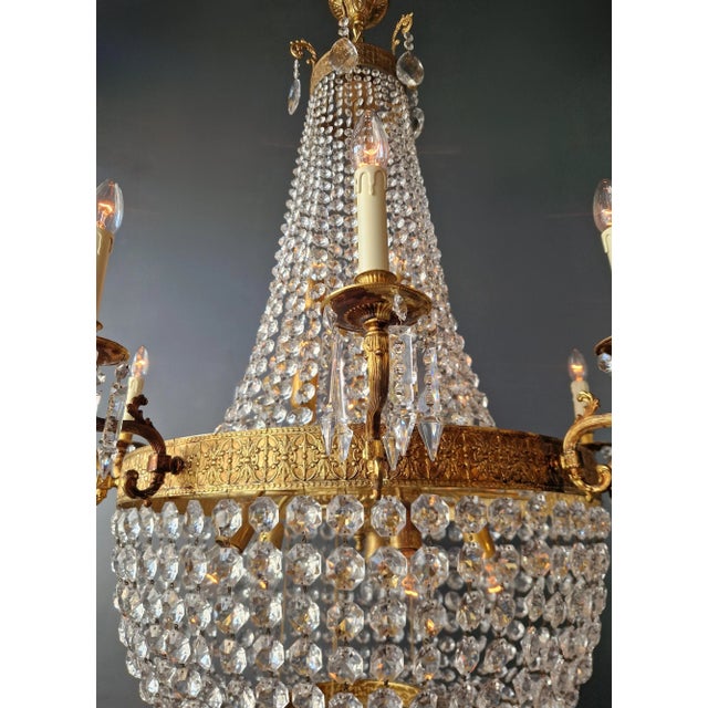 Metal 1910s Empire Brass Crystal Lustre Chandelier Ceiling Light For Sale - Image 7 of 12