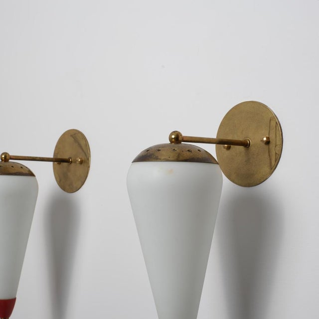 Large Italian Wall Sconces in Brass, Red Metal and Opaline Glass, 1950s, Set of 2 For Sale - Image 6 of 15