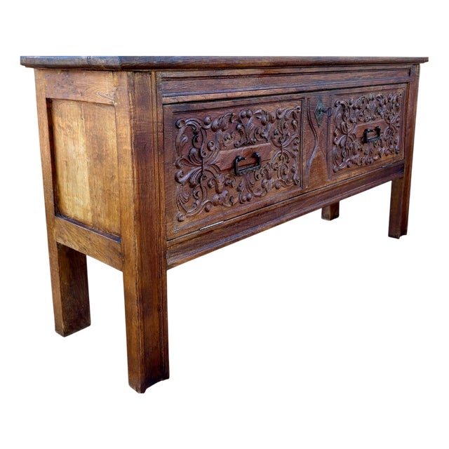 Antique 19th Century Carved Wooden Chest with Iron Hardware, Spain, 1800s For Sale