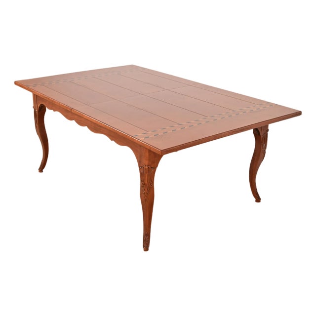 Baker Furniture Italian Provincial Inlaid Cherry Wood Harvest Farm Table, Newly Refinished For Sale