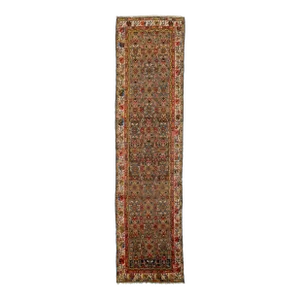Antique Hamadan Floral Wool Runner Handmade in Brown and Rust