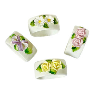 1970s Vintage Hollywood Regency Bone China Flora Napkin Rings - Set of 4.