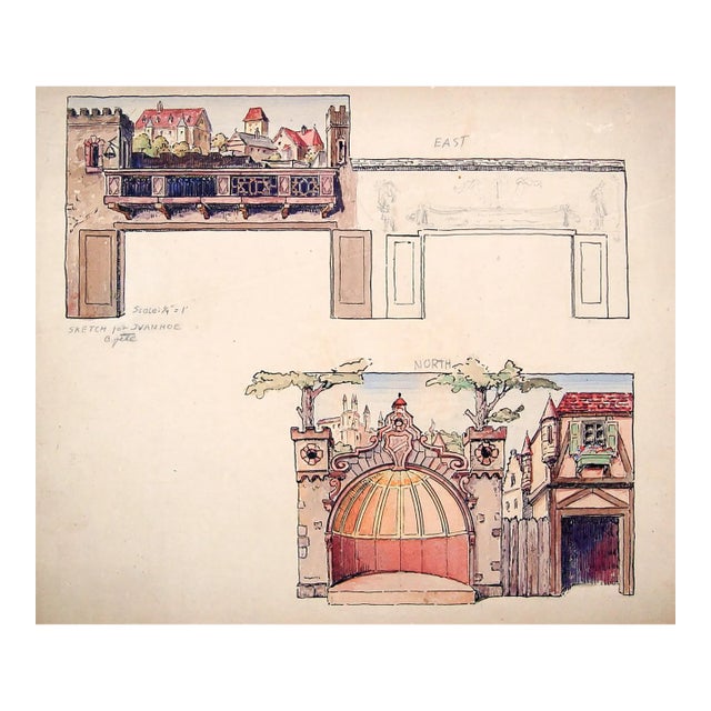 Mid 20th Century Medieval City Mural Study Painting For Sale