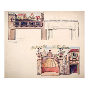 Mid 20th Century Medieval City Mural Study Painting