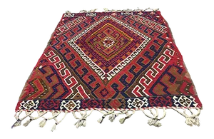 Vintage Turkish Black, Red & Beige Wool Square Tribal Kilim Rug, 1960s