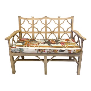 Chinese Chippendale Style Painted Bench or Settee in Jim Thompson Linen For Sale