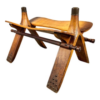 1960’s Vintage Egyptian Camel Saddle Stool in Hardwood and Brass For Sale