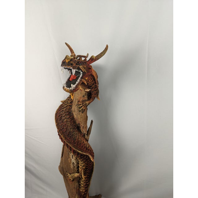 Mid 20th Century Monumental Hand-Carved Asian Dragon Coiled Around Natural Tree Trunk Sculpture With Original Polychrome Finish 40" For Sale - Image 16 of 18