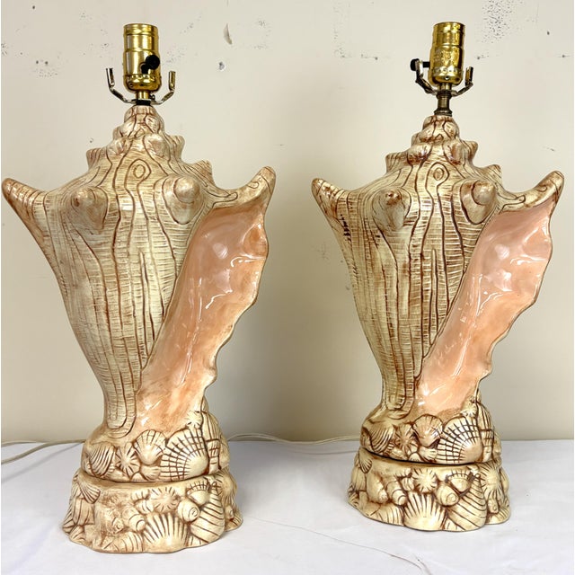 Vintage Ceramic Conch Shell Table Lamps C1986- A Pair For Sale In West Palm - Image 6 of 18