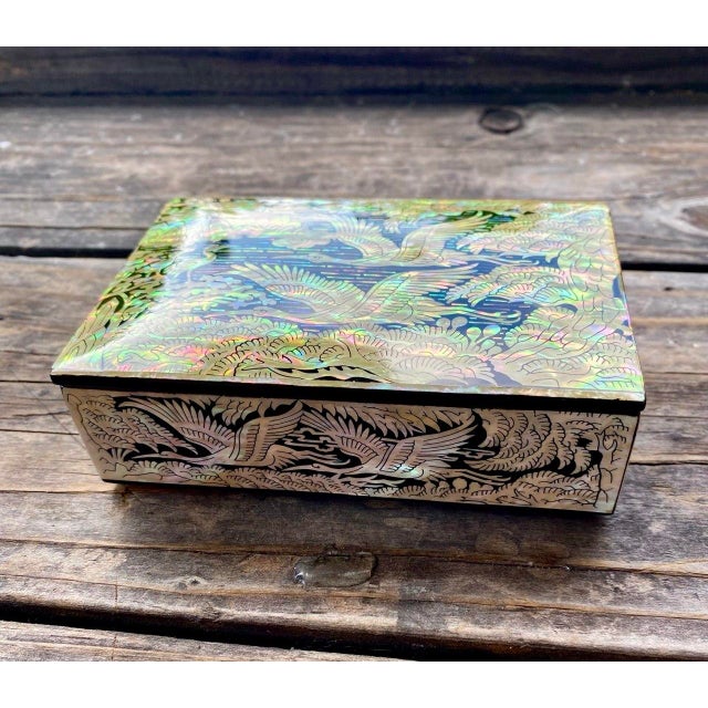 Art Deco Korean Najeonchilgi Mother-of-Pearl Crane & Pine Lacquer Box, ImArt For Sale - Image 3 of 13