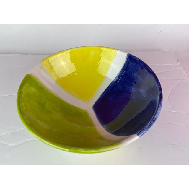Handcrafted Modern Ceramic Yellow Blue Green Geometric Bowl For Sale - Image 11 of 11