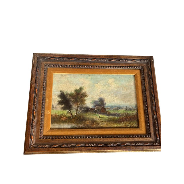 French countryside painting, an atmospheric antique scene capturing pastoral charm with soft tonal depth and time worn...