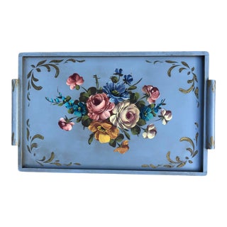 Large Vintage Hand-Painted Wooden Tole Tray Square Gallery- Light Blue For Sale