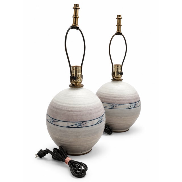 Pair of 1980s Postmodern Blush and Blue Studio Pottery Lamps For Sale In Las Vegas - Image 6 of 6