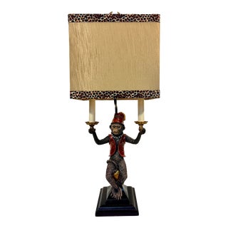 Vintage Maitlyn-Smith Style Bellhop Monkey Table Lamp With Leopard Print Trimmed Shade For Sale