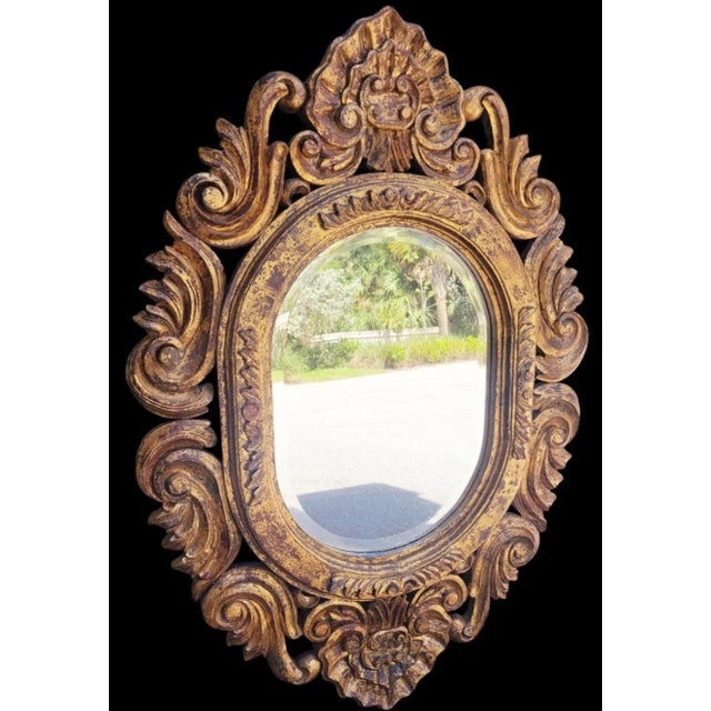 Hollywood Regency Vintage Large Solid Carved Wood Gold Gilt Oval Hollywood Regency Wall Mirror For Sale - Image 3 of 8