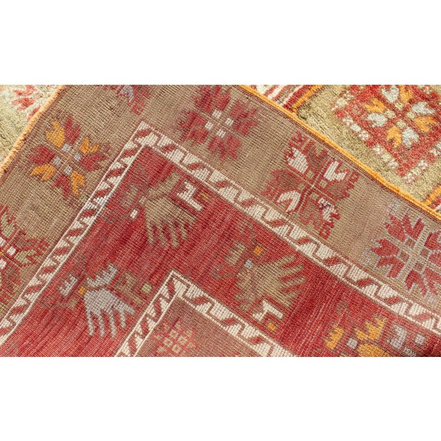 Red Red and Green Vintage Turkish Oushak Runner With Tribal Dual Medallions For Sale - Image 8 of 8