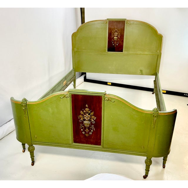 1920s Antique French Louis XV Neoclassical Olive Green Full Bedframe For Sale - Image 11 of 13
