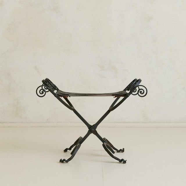 Vintage Spanish Brutalist Wrought Iron + Tooled Leather Folding Stool For Sale - Image 12 of 18