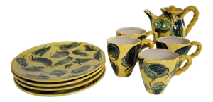 1990s Vintage Handthrown Ceramic Leaf Motif Tea Set - 9 Pieces
