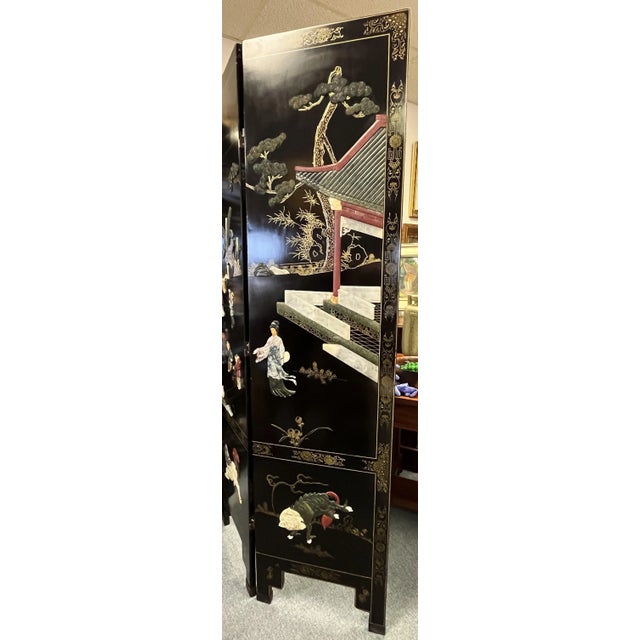 Mid-Century Modern Mid Century Asian Double Sided Floor Screen Room Divider With Soapstone Decorations For Sale - Image 3 of 12