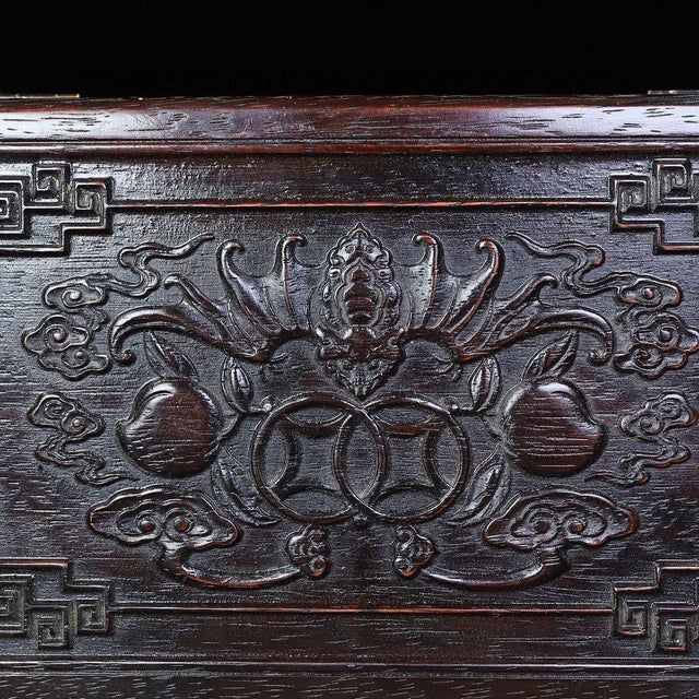 Dark Hardwood Relief-Carved Box, Bat, Double Coin & Peach Motifs, "Fu Shou Ru Yi" Treasure Chest For Sale - Image 4 of 9