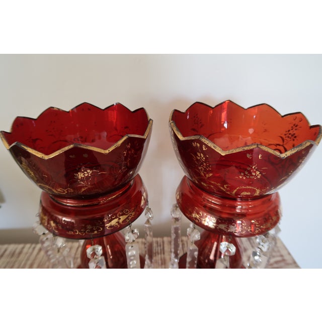 Antique Mantle Lusters Late Victorian Ruby Glass, Enamel and Gilt