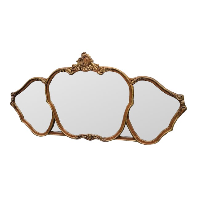 1920 Louis XV Style Triple Gilded Wall Mirror Gold Rococo Accent For Sale