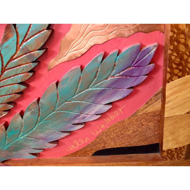 Helen Weber Large wall hanging wood and metal sculptural relief in a tropical Hawaiian or Polynesian motif with tropical...