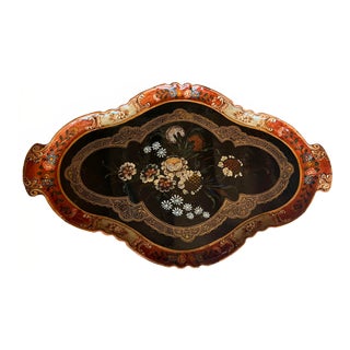 Vintage Japan Hand-Painted Floral Paper Mache Tray with Handles For Sale