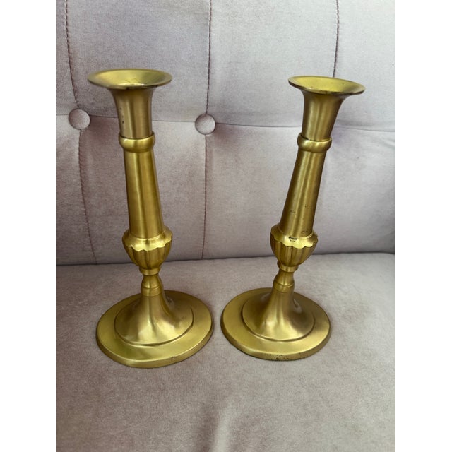 Brass Pair of Vintage Solid Brass Candlesticks Holders For Sale - Image 8 of 8