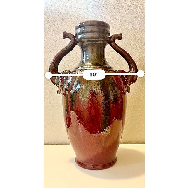 Vintage Oxblood Amphora Vase, Art Deco Red Elephant Handle, Cobalt Drip Glaze For Sale - Image 4 of 12