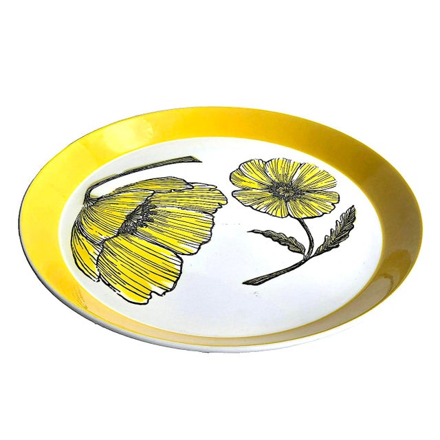 Offered is a 1970s Mikasa brand Duplex Duet Yellow Poppy pattern round stoneware serving platter or chop plate designed by...