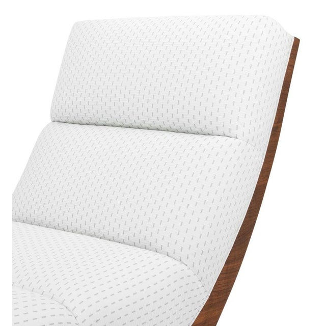 Contemporary White Fabric Upholstered Slipper Chair, on walnut frame and four tapered legs. 36" H x 24" W x 34" D; seat:...