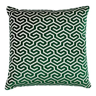Schumacher Ming Fret Velvet 20" Pillow in Emerald For Sale