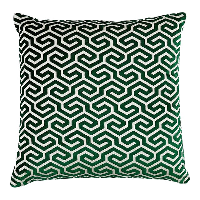 Schumacher Ming Fret Velvet 20" Pillow in Emerald For Sale