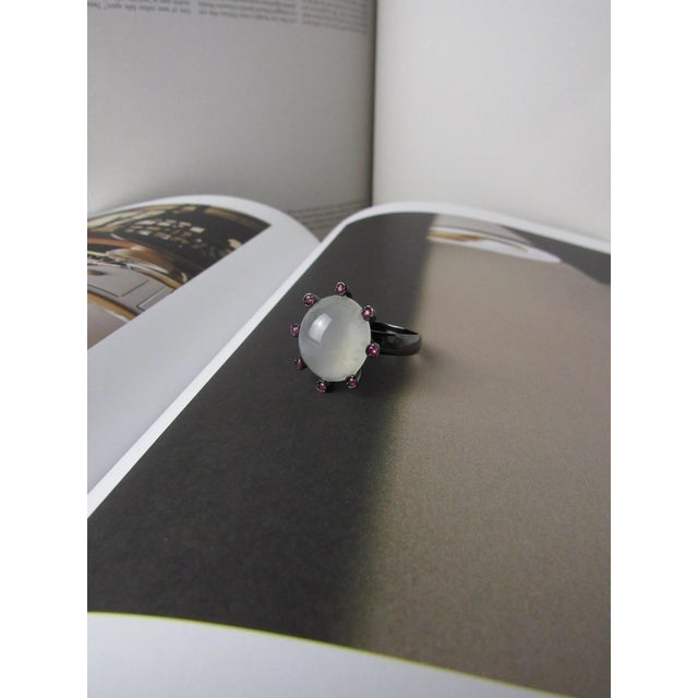 Contemporary Icy Jadeite Jade and Ruby Statement Ring, Size 7 For Sale - Image 3 of 8