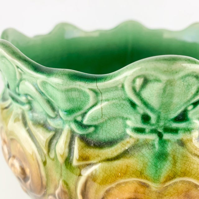 Ceramic Stunning Large Antique Art Nouveau Pottery Jardiniere Blended Majolica Hearts For Sale - Image 7 of 12