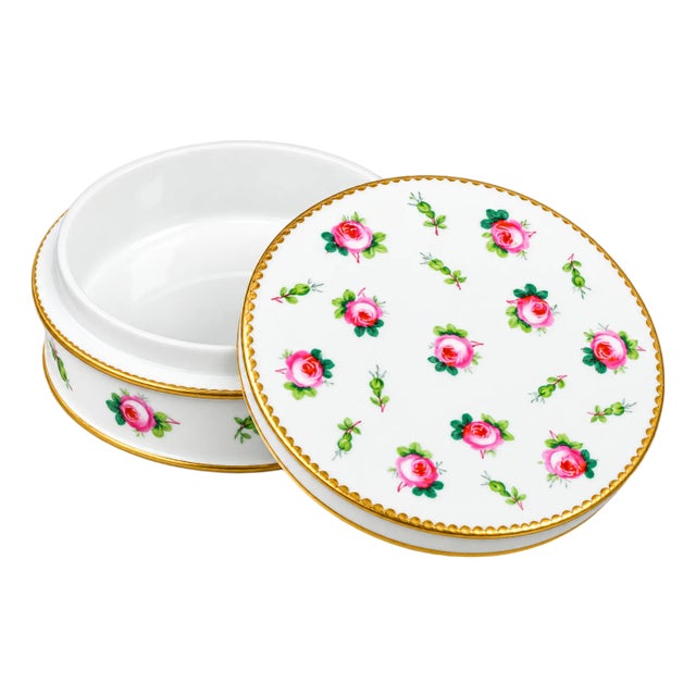 Beautiful English Hand Painted Rose Mintons China Antique Porcelain Circular Jewelry Vanity Box For Sale